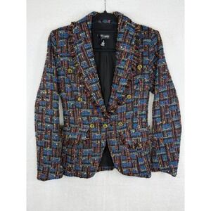 AQUA Womens Multicolor Tweed Double Breasted Blazer Gold Buttons XS
